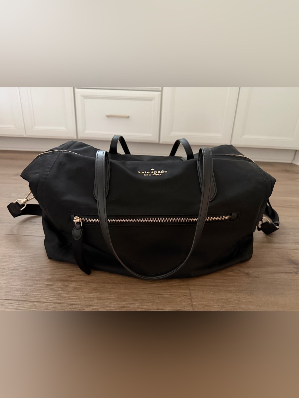 Kate Spade Chelsea Black Weekender Travel Tote Gym Duffle with gold accents